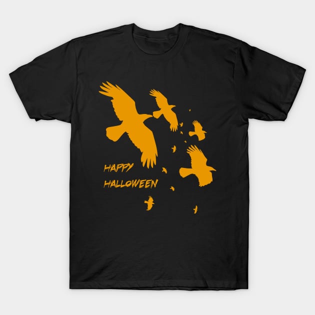 Happy Halloween Crows In Flight Vector Orange T-Shirt by taiche